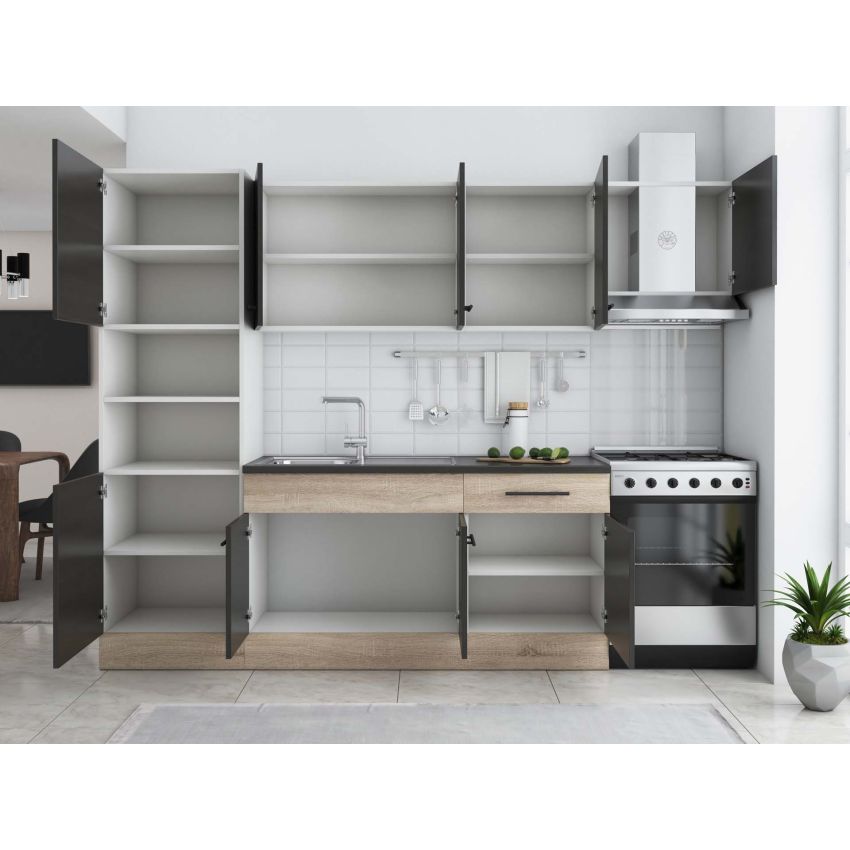 Bucatarie sofia 260 cm, wenge / sonoma, blat termic wenge, corp cuptor incorporabil
