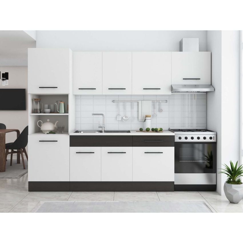 Bucatarie Sofia 260 cm, Alb / Wenge, Blat termic alb, Corp cuptor incorporabil