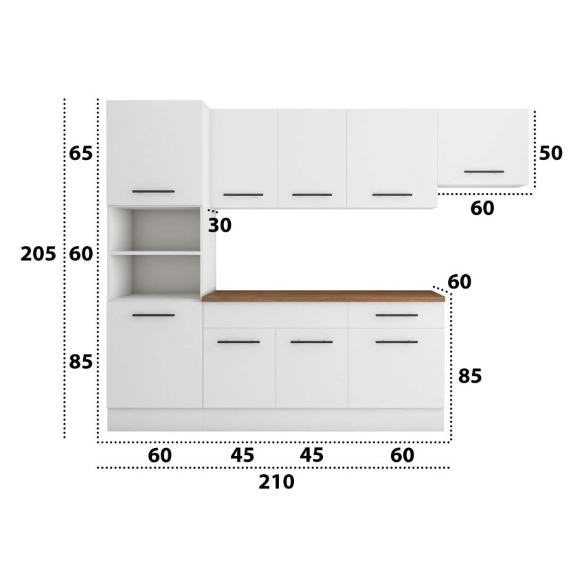 Bucatarie Sofia 260 cm, Alb, Blat termic nuc, Corp cuptor incorporabil