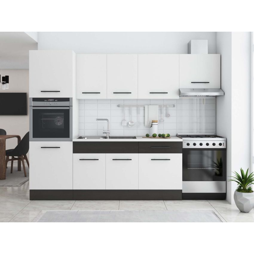 Bucatarie Sofia 260 cm, Alb / Wenge, Blat termic alb, Corp cuptor incorporabil