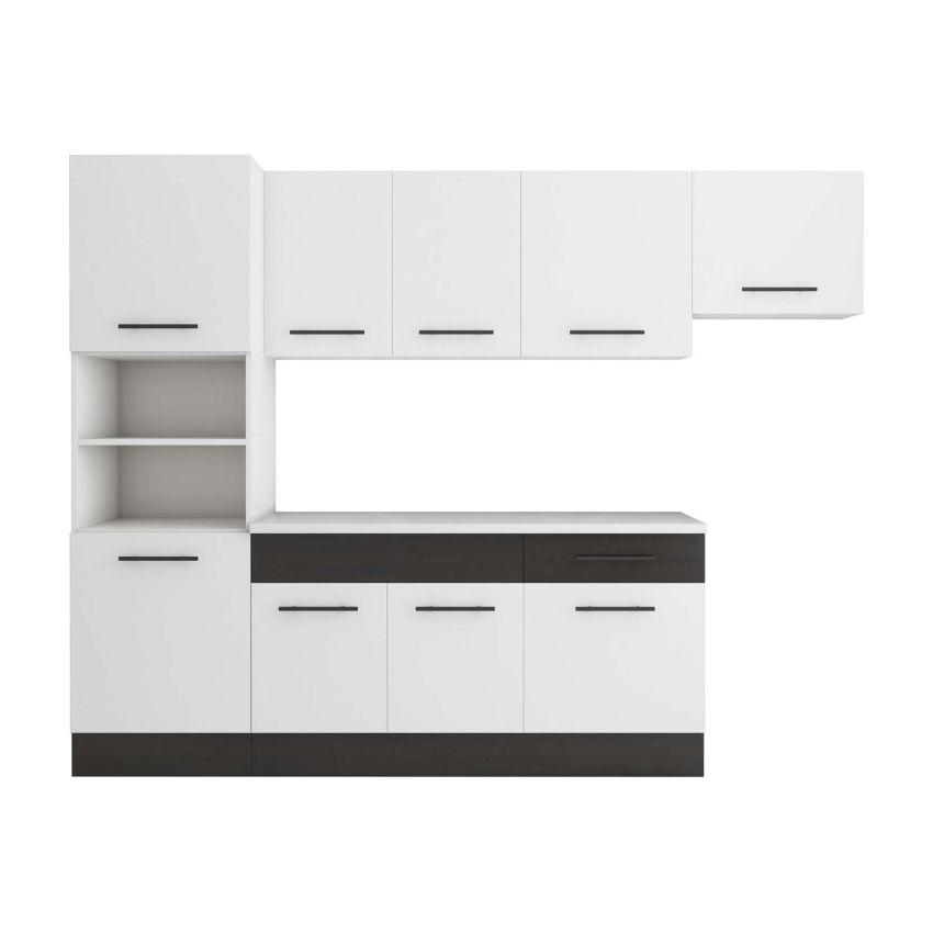 Bucatarie Sofia 260 cm, Alb / Wenge, Blat termic alb, Corp cuptor incorporabil