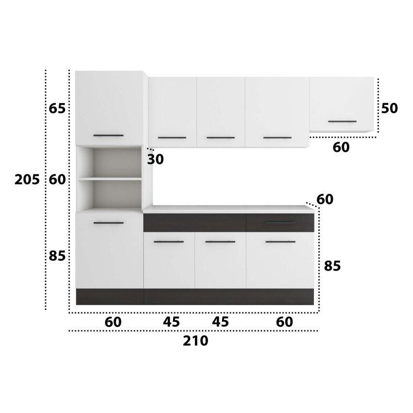 Bucatarie Sofia 260 cm, Alb / Wenge, Blat termic alb, Corp cuptor incorporabil