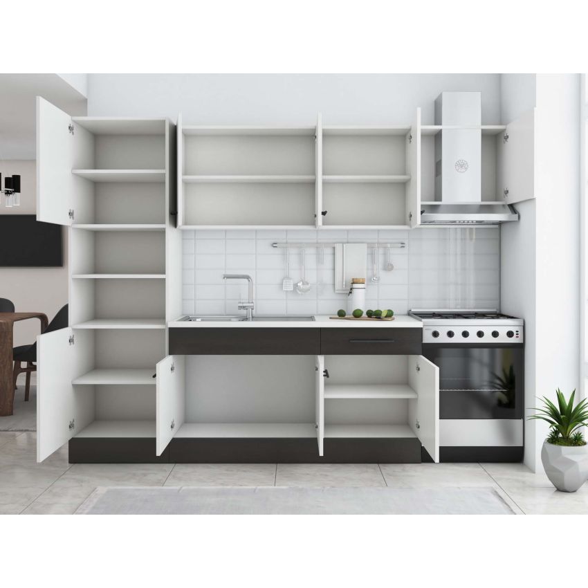 Bucatarie Sofia 260 cm, Alb / Wenge, Blat termic alb, Corp cuptor incorporabil