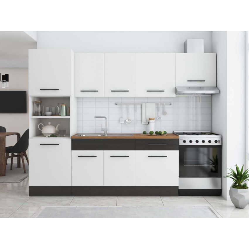 Bucatarie Sofia 260 cm, Alb / Wenge, Blat termic nuc, Corp cuptor incorporabil