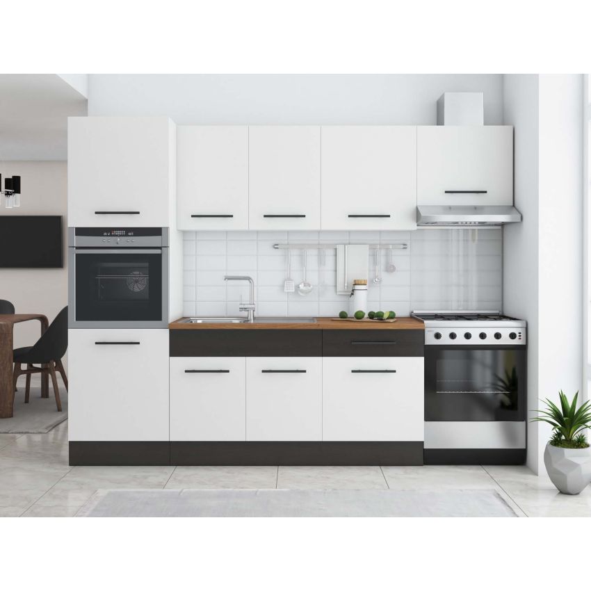Bucatarie Sofia 260 cm, Alb / Wenge, Blat termic nuc, Corp cuptor incorporabil