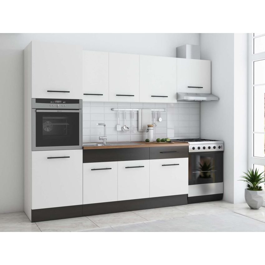 Bucatarie Sofia 260 cm, Alb, Blat termic nuc, Corp cuptor incorporabil
