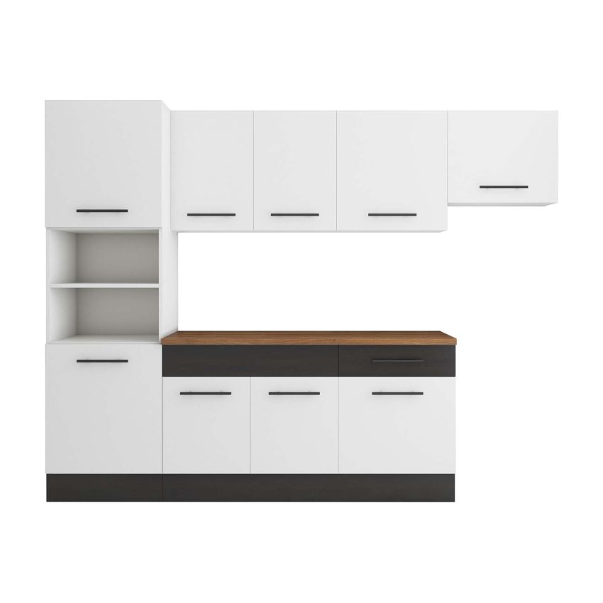 Bucatarie Sofia 260 cm, Alb / Wenge, Blat termic nuc, Corp cuptor incorporabil