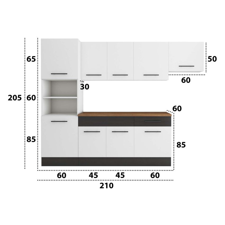 Bucatarie Sofia 260 cm, Alb / Wenge, Blat termic nuc, Corp cuptor incorporabil