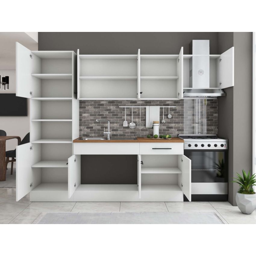 Bucatarie Sofia 260 cm, Alb, Blat termic nuc, Corp cuptor incorporabil