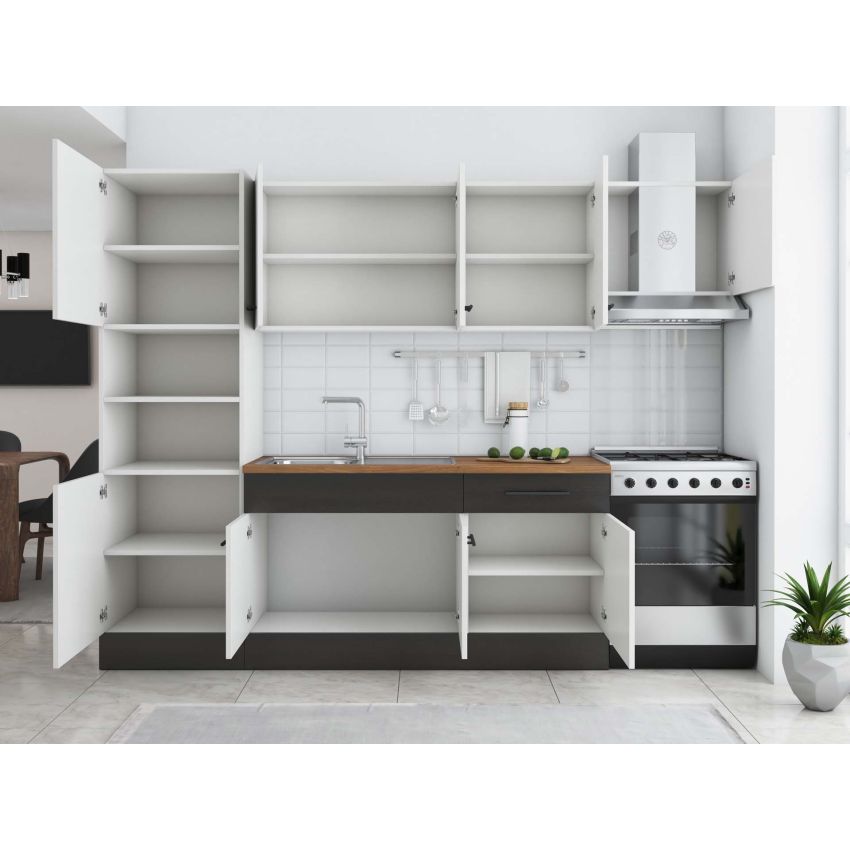 Bucatarie Sofia 260 cm, Alb / Wenge, Blat termic nuc, Corp cuptor incorporabil
