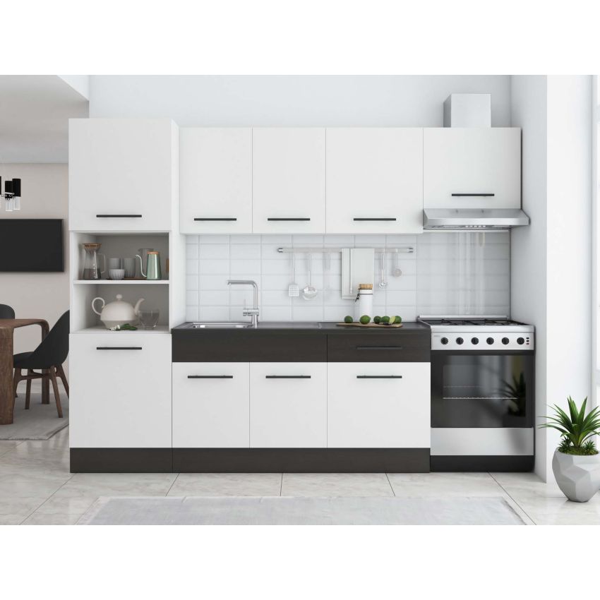 Bucatarie sofia 260 cm, alb / wenge, blat termic wenge, corp cuptor incorporabil