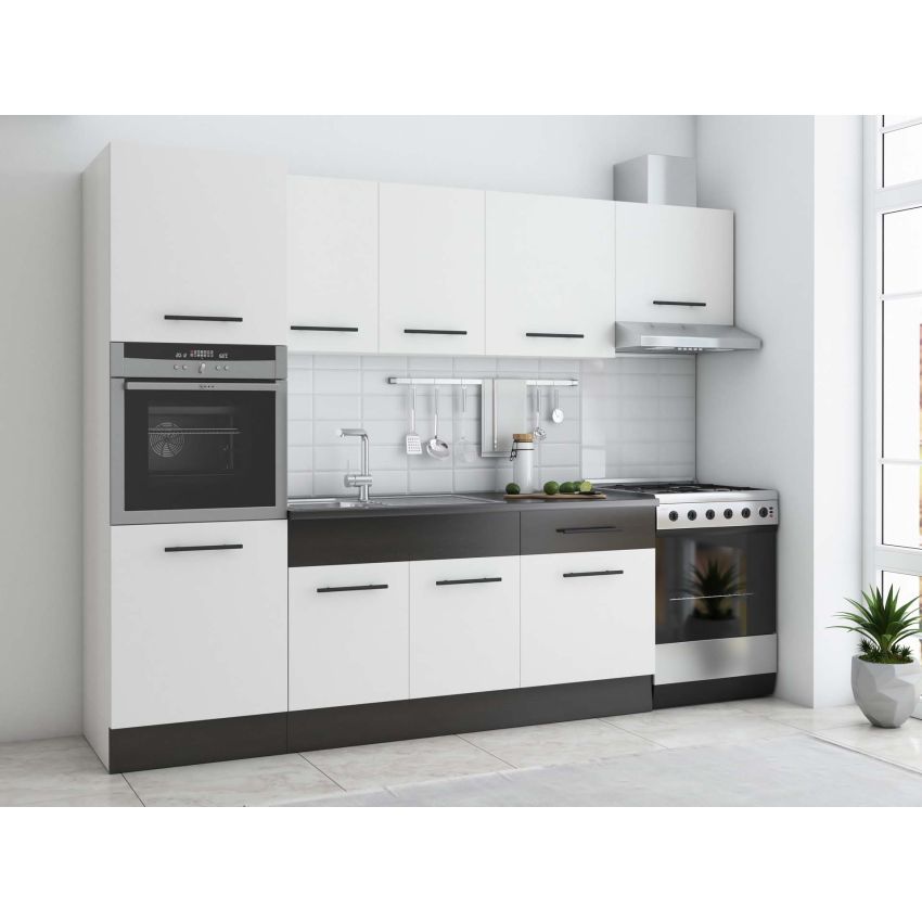 Bucatarie sofia 260 cm, alb / wenge, blat termic wenge, corp cuptor incorporabil