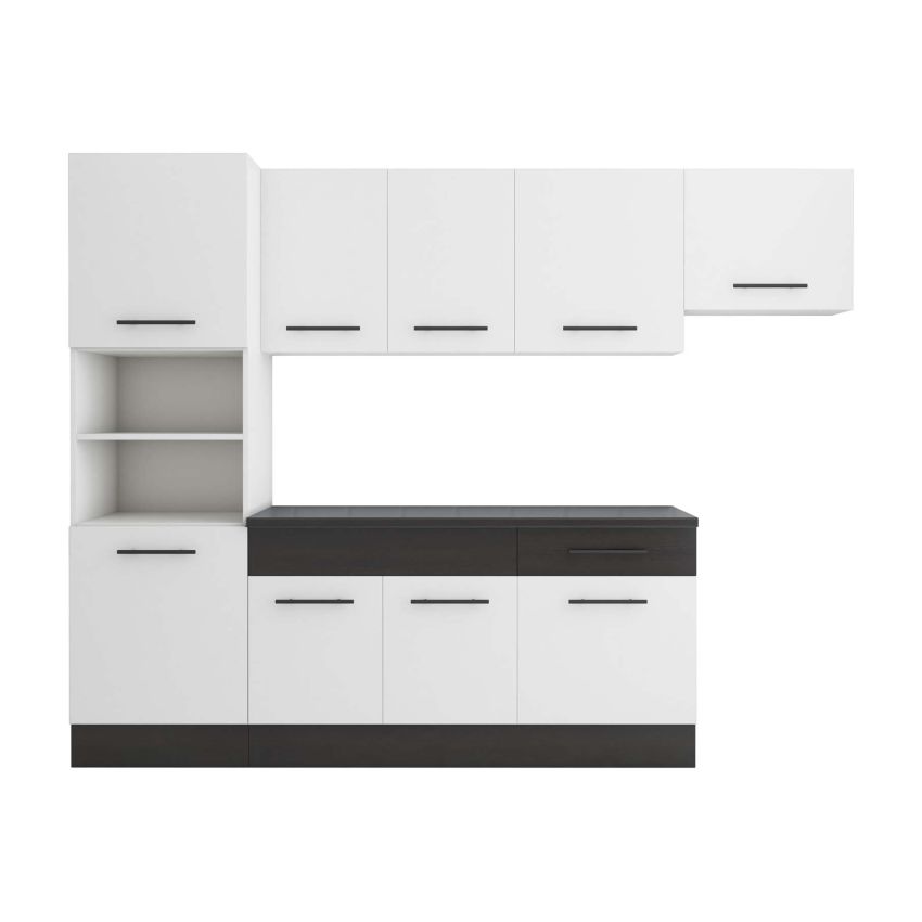 Bucatarie sofia 260 cm, alb / wenge, blat termic wenge, corp cuptor incorporabil