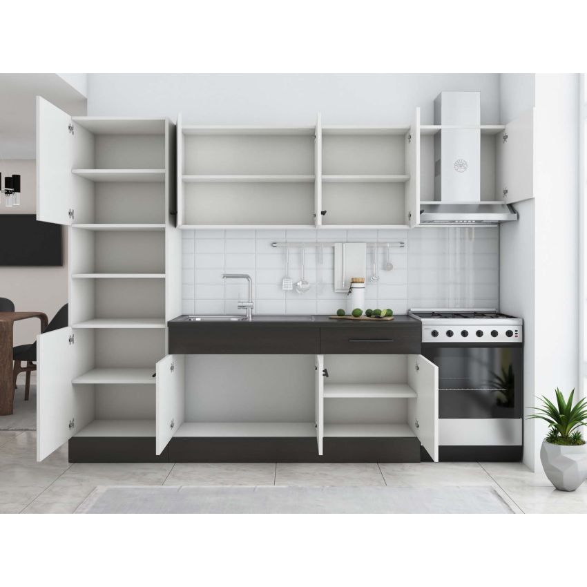 Bucatarie sofia 260 cm, alb / wenge, blat termic wenge, corp cuptor incorporabil