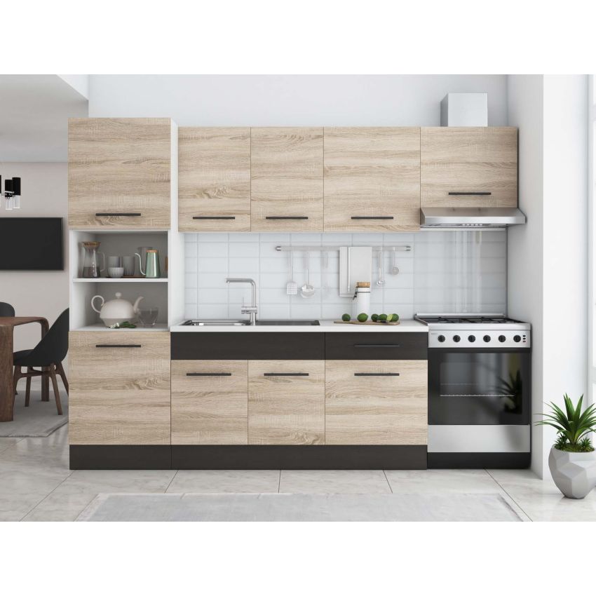 Bucatarie Sofia 260 cm, Sonoma / Wenge, Blat termic alb, Corp cuptor incorporabil