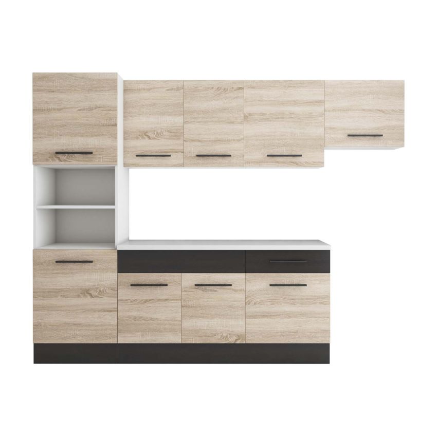Bucatarie Sofia 260 cm, Sonoma / Wenge, Blat termic alb, Corp cuptor incorporabil