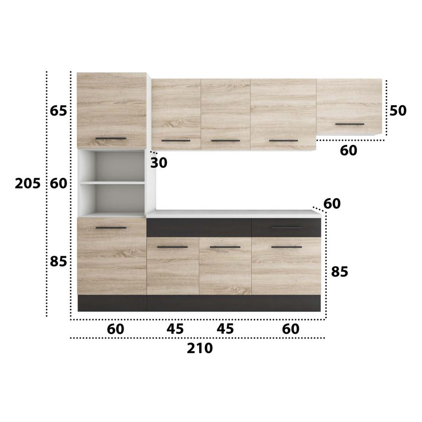 Bucatarie Sofia 260 cm, Sonoma / Wenge, Blat termic alb, Corp cuptor incorporabil