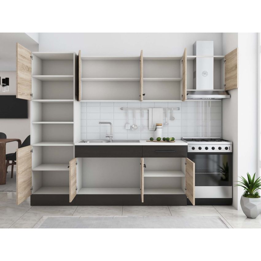 Bucatarie Sofia 260 cm, Sonoma / Wenge, Blat termic alb, Corp cuptor incorporabil