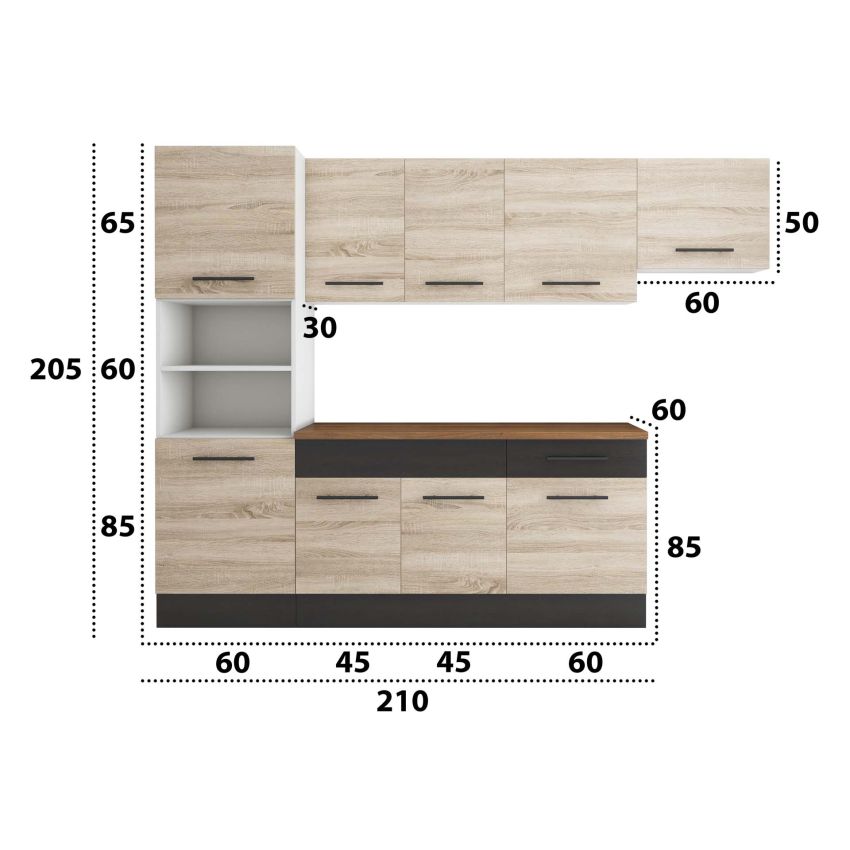 Bucatarie Sofia 260 cm, Sonoma / Wenge, Blat termic nuc, Corp cuptor incorporabil
