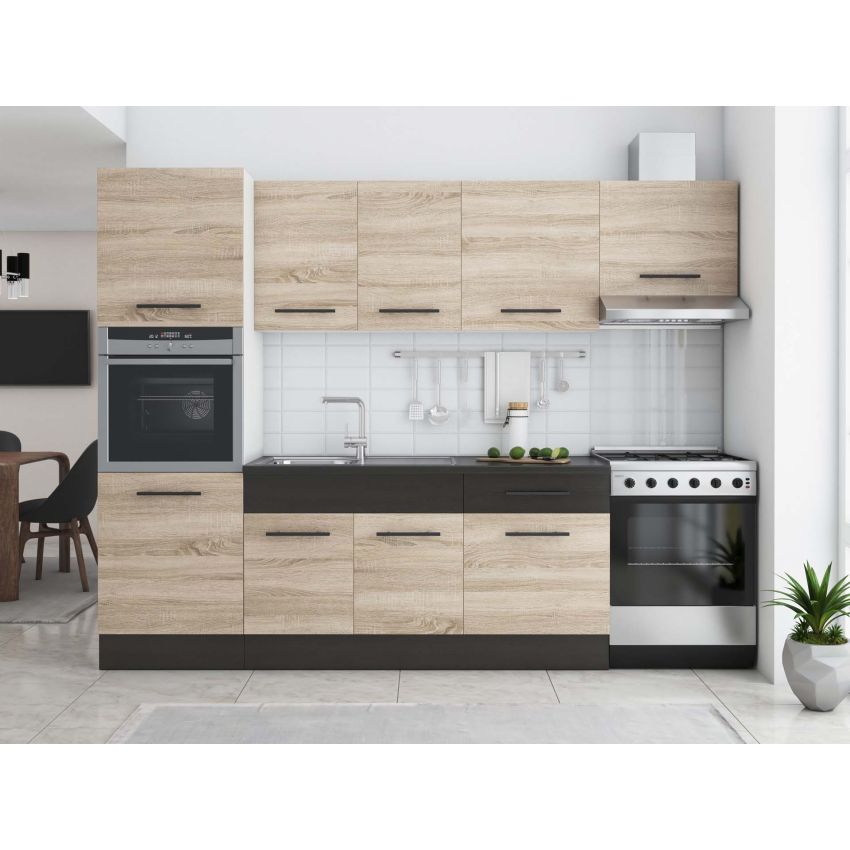 Bucatarie sofia 260 cm, sonoma / wenge, blat termic wenge, corp cuptor incorporabil