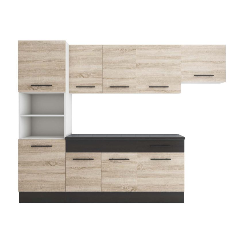 Bucatarie sofia 260 cm, sonoma / wenge, blat termic wenge, corp cuptor incorporabil
