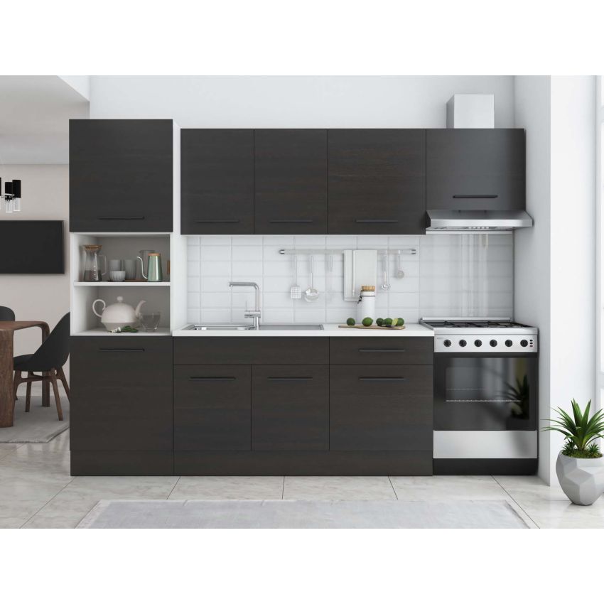 Bucatarie Sofia 260 cm, Wenge, Blat termic alb, Corp cuptor incorporabil