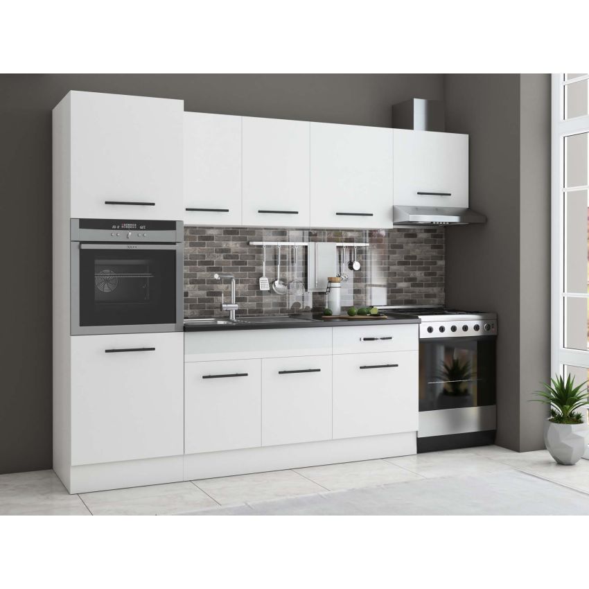 Bucatarie sofia 260 cm, alb, blat termic wenge, corp cuptor incorporabil