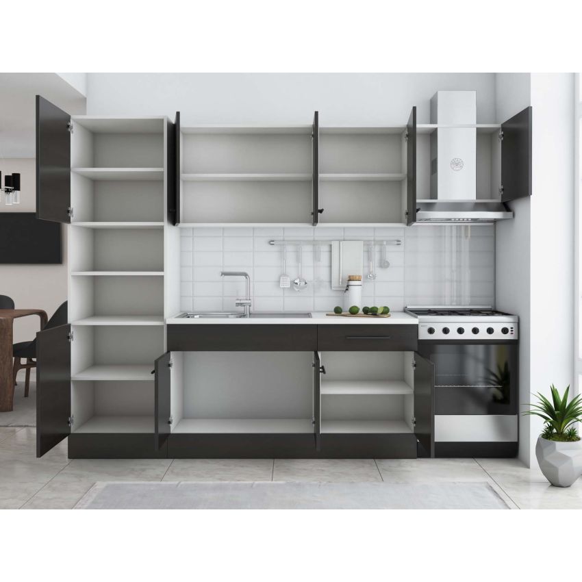 Bucatarie Sofia 260 cm, Wenge, Blat termic alb, Corp cuptor incorporabil