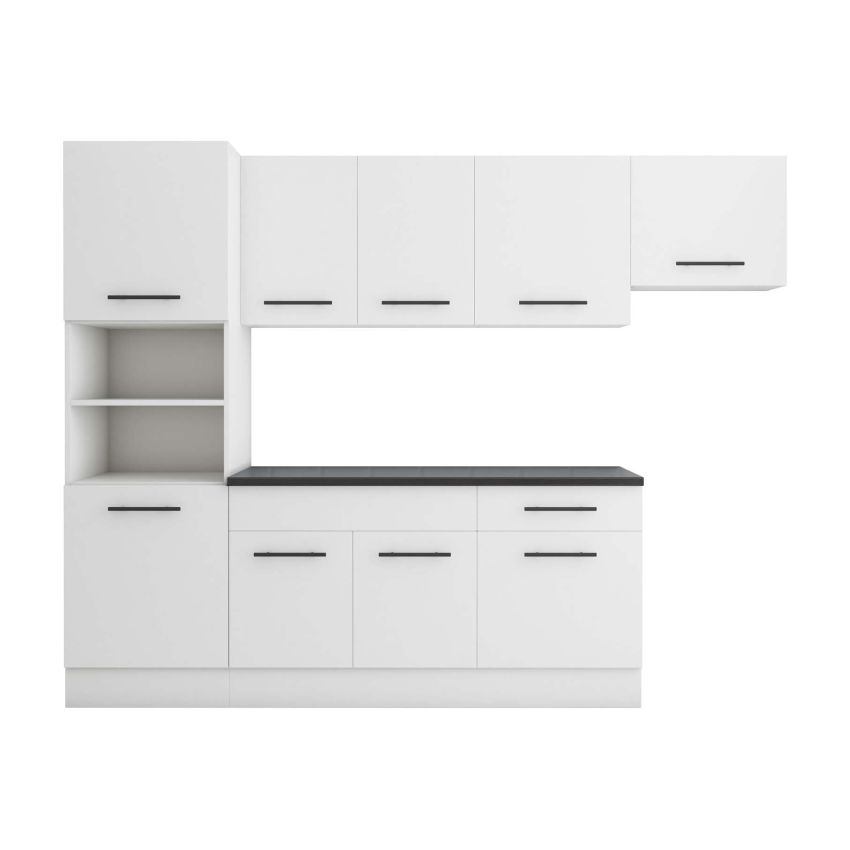 Bucatarie sofia 260 cm, alb, blat termic wenge, corp cuptor incorporabil