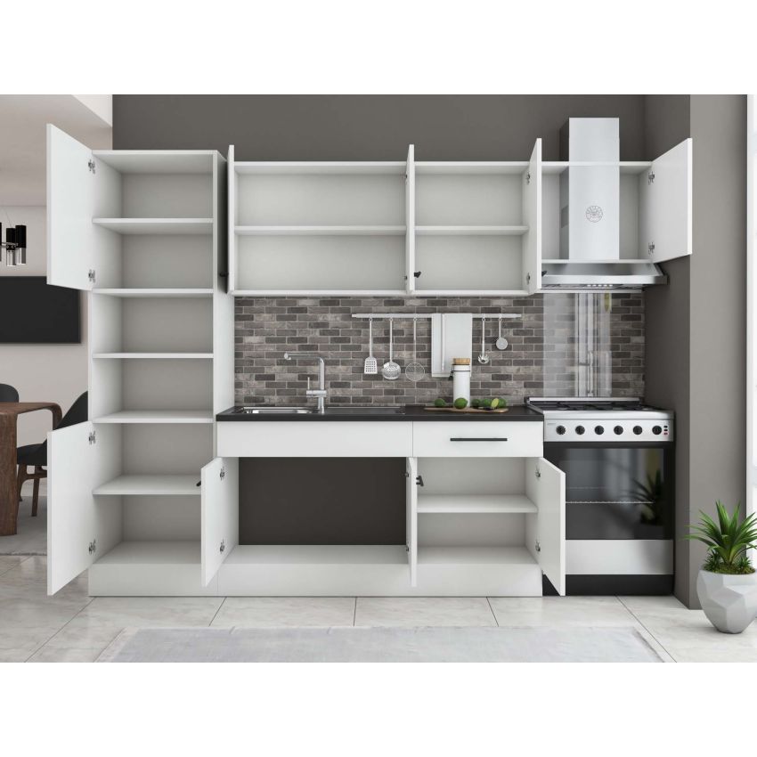 Bucatarie sofia 260 cm, alb, blat termic wenge, corp cuptor incorporabil