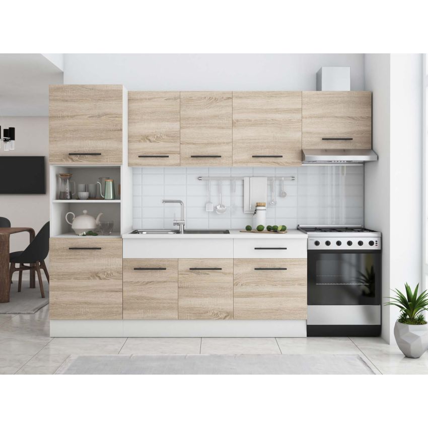 Bucatarie Sofia 260 cm, Sonoma / Alb, Blat termic alb, Corp cuptor incorporabil