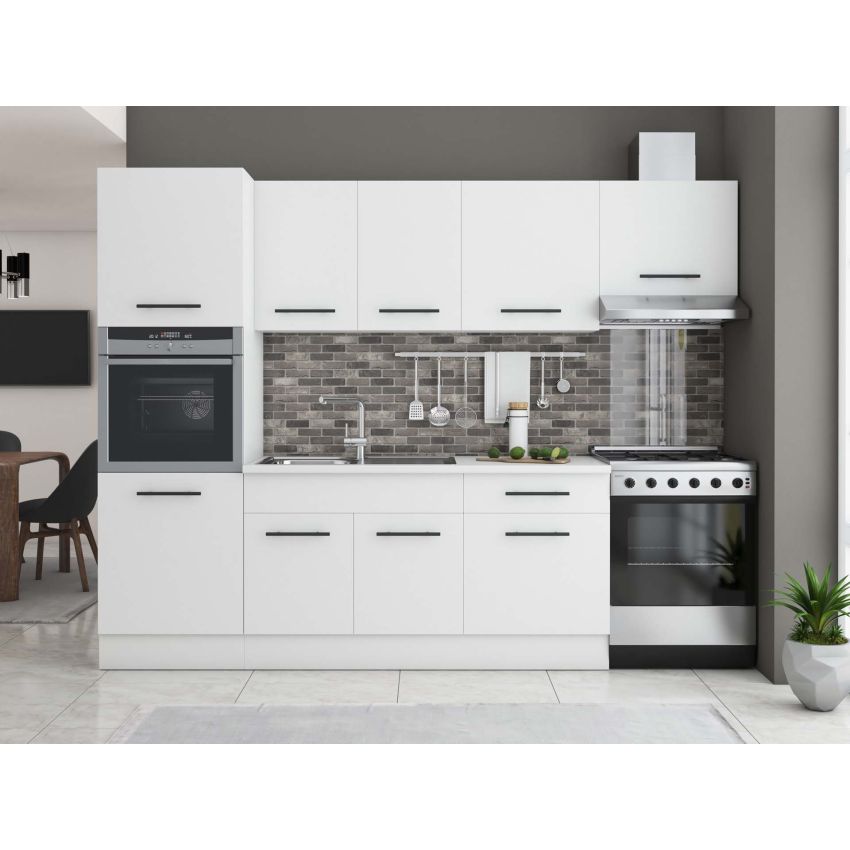 Bucatarie Sofia 260 cm, Alb, Blat termic alb, Corp cuptor incorporabil