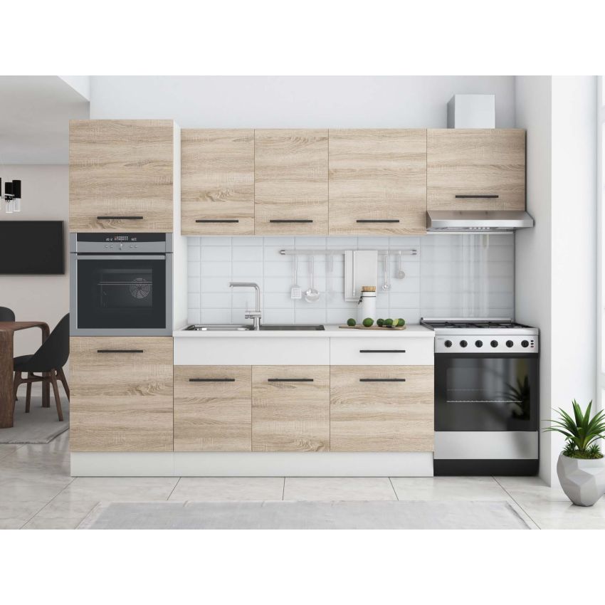 Bucatarie Sofia 260 cm, Sonoma / Alb, Blat termic alb, Corp cuptor incorporabil