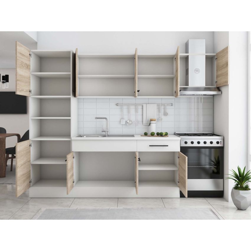 Bucatarie Sofia 260 cm, Sonoma / Alb, Blat termic alb, Corp cuptor incorporabil