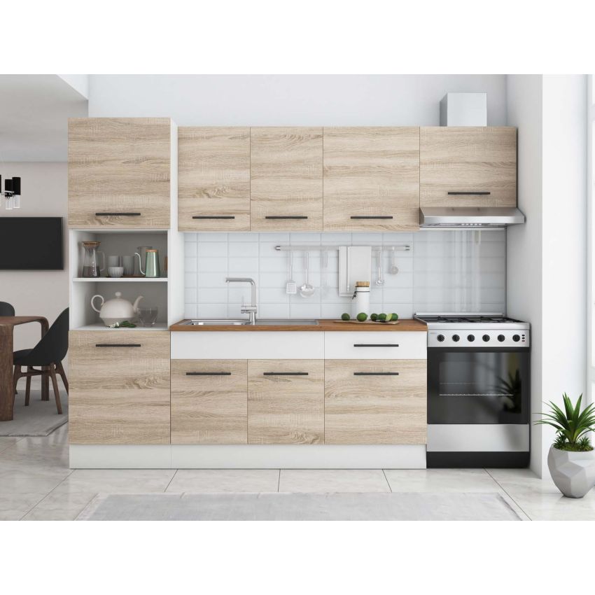 Bucatarie Sofia 260 cm, Sonoma / Alb, Blat termic nuc, Corp cuptor incorporabil