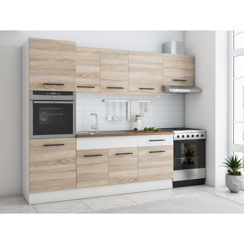 Bucatarie Sofia 260 cm, Alb, Blat termic nuc, Corp cuptor incorporabil