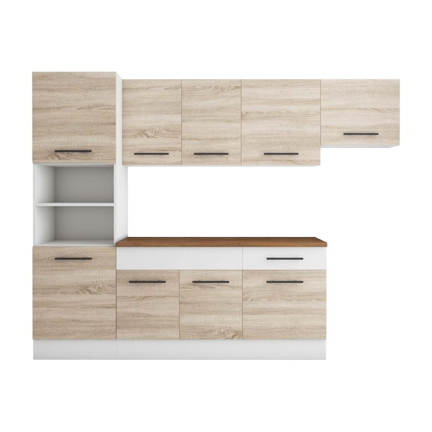 Bucatarie Sofia 260 cm, Sonoma / Alb, Blat termic nuc, Corp cuptor incorporabil