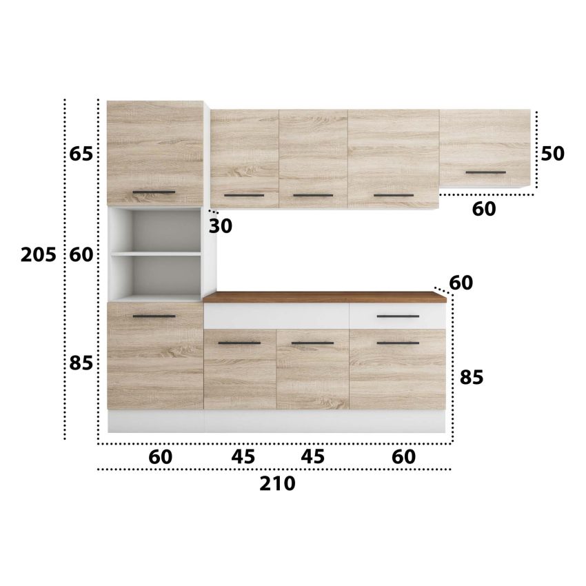 Bucatarie Sofia 260 cm, Sonoma / Alb, Blat termic nuc, Corp cuptor incorporabil