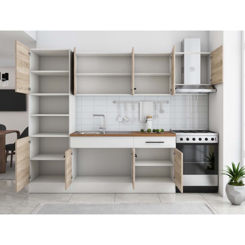 Bucatarie Sofia 260 cm, Sonoma / Alb, Blat termic nuc, Corp cuptor incorporabil