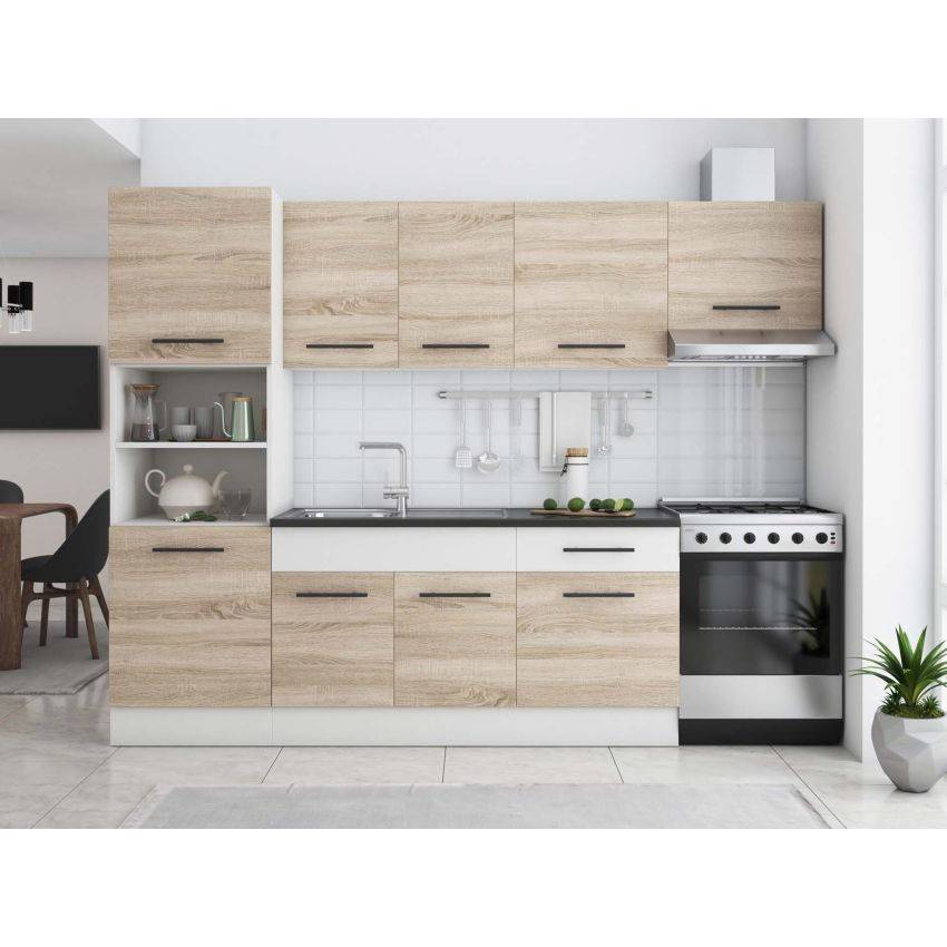 Bucatarie sofia 260 cm, sonoma / alb, blat termic wenge, corp cuptor incorporabil