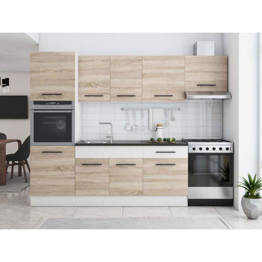 Bucatarie sofia 260 cm, sonoma / alb, blat termic wenge, corp cuptor incorporabil