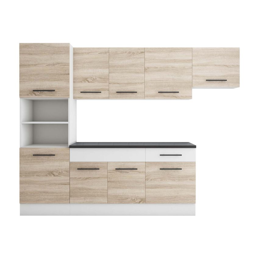Bucatarie sofia 260 cm, sonoma / alb, blat termic wenge, corp cuptor incorporabil