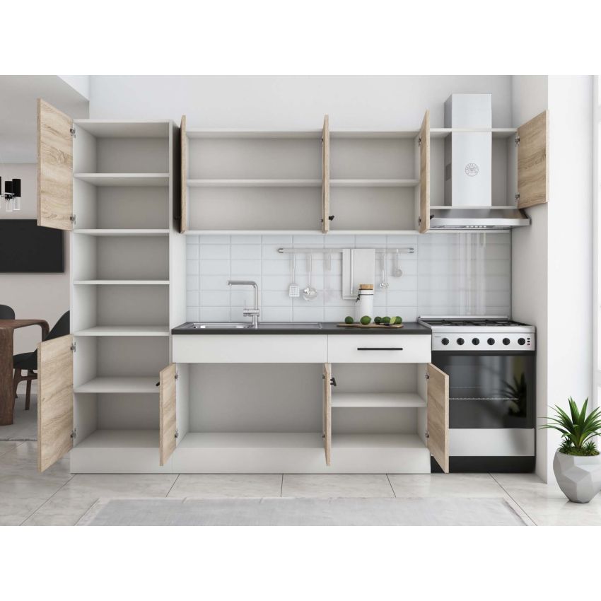 Bucatarie sofia 260 cm, sonoma / alb, blat termic wenge, corp cuptor incorporabil