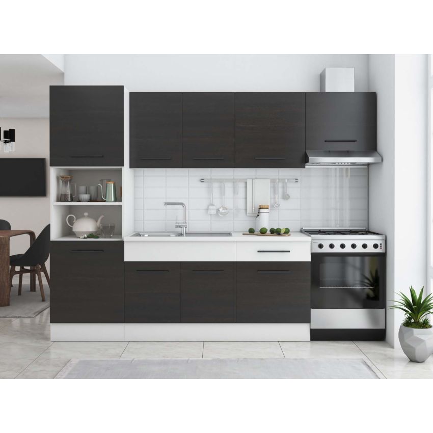 Bucatarie Sofia 260 cm, Wenge / Alb, Blat termic alb, Corp cuptor incorporabil
