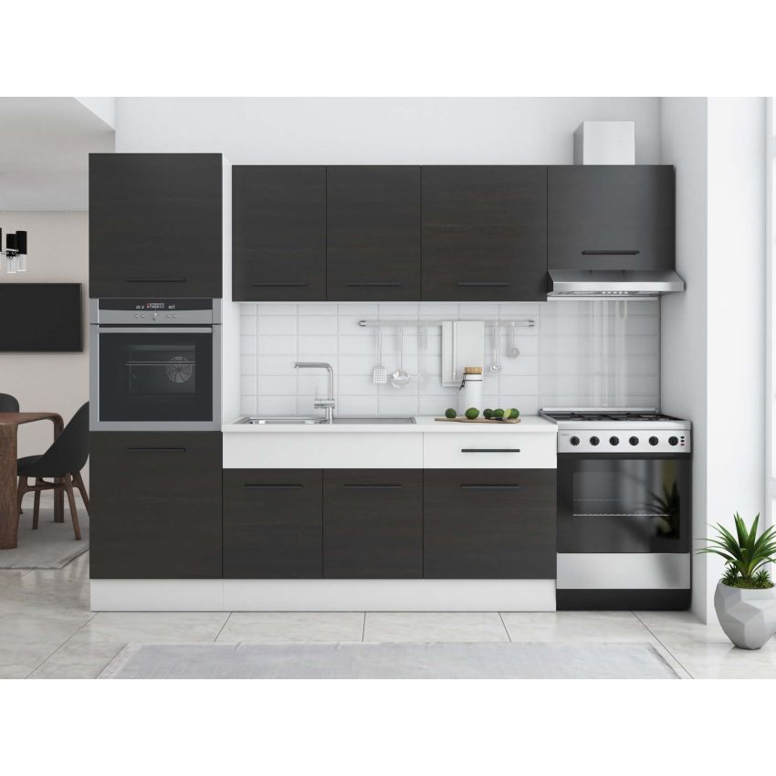 Bucatarie Sofia 260 cm, Wenge / Alb, Blat termic alb, Corp cuptor incorporabil