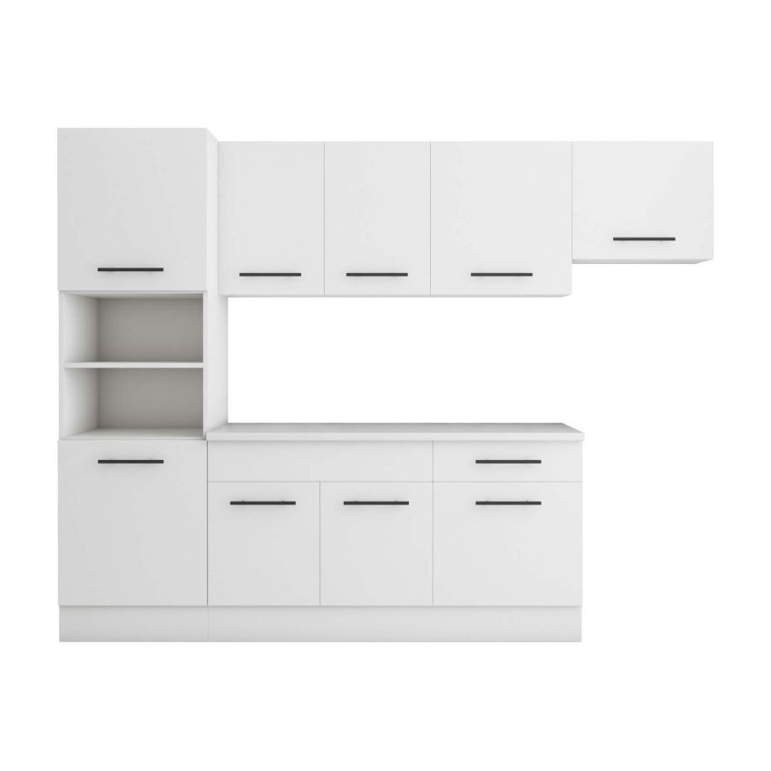 Bucatarie Sofia 260 cm, Alb, Blat termic alb, Corp cuptor incorporabil