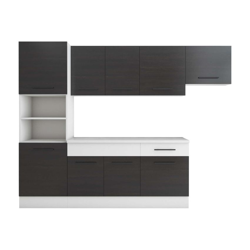 Bucatarie Sofia 260 cm, Wenge / Alb, Blat termic alb, Corp cuptor incorporabil