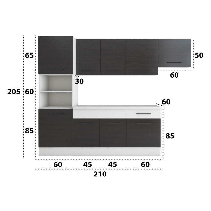 Bucatarie Sofia 260 cm, Wenge / Alb, Blat termic alb, Corp cuptor incorporabil