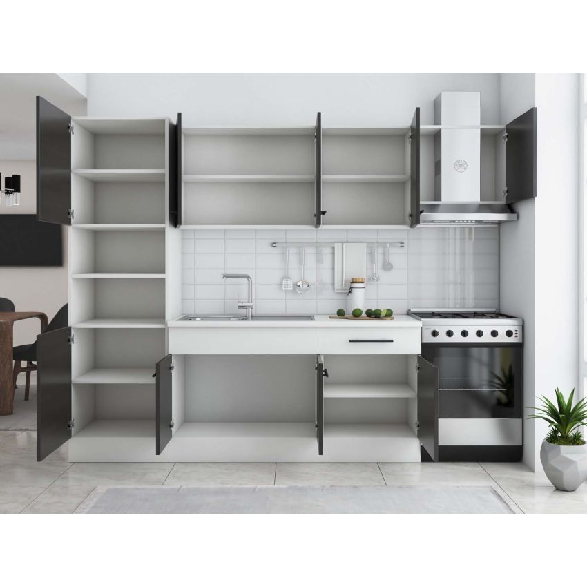 Bucatarie Sofia 260 cm, Wenge / Alb, Blat termic alb, Corp cuptor incorporabil