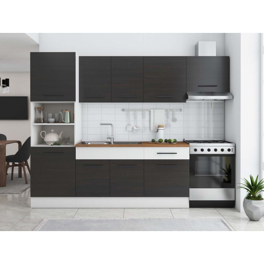 Bucatarie Sofia 260 cm, Wenge / Alb, Blat termic nuc, Corp cuptor incorporabil